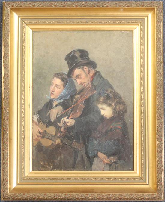 Lorenzo Valles (Spanish, 1830-1910) Street musicians, 9.5 x 7in.